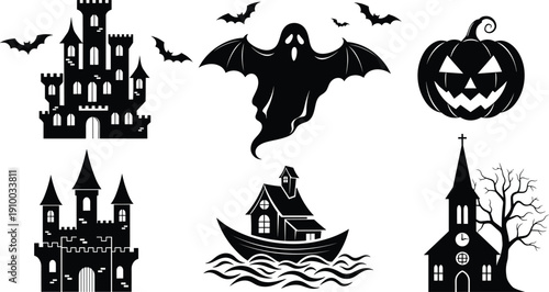 Large collection of spooky Halloween silhouettes featuring haunted castles with bats, a ghost with wings, a carved pumpkin, and a mysterious boat on water.