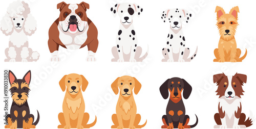 Cute Dog Breeds Vector Collection with Purebred Domestic Canine Puppies in Sitting Front View Cartoon Style Isolated on White Background