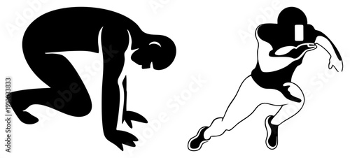 Stylized black figures capturing athletic movement, runner silhouette, sprinter pose, minimalist human forms, motion graphic design, vector art.