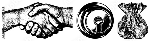 Business agreement handshake, security keyhole, treasure money bag, symbolic, halftone style, vector graphic, isolated elements.