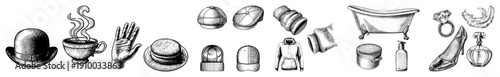 Classic engraved illustrations of hats, coffee, hand, burger, caps,, bathtub, ring, shoe, perfume timeless design,, detailed art, isolated symbols.