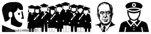 Abstract vector of a woman with headset, graduating students, a politician, and a uniformed officer all in flat silhouette style, isolated on transparent background.