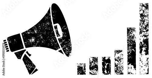 Black and white distressed megaphone with textured bar chart, communication growth, marketing analytics, promotional graphic, broadcast symbol, data visualization, advertising tool.