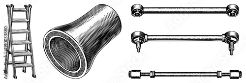 Classic wooden ladder, industrial pipe coupling, adjustable mechanical rods, technical art, engineering components, hand drawn vector illustrations.