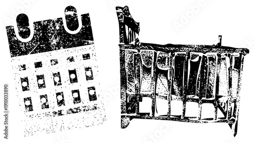 Grunge style calendar with torn edges and cradle with slatted sides, both rendered in halftone dot, nostalgic baby and timekeeping symbols.