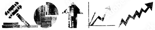 Distressed black symbolizing auction hammer, pie chart, upward arrow, and zigzag graph, conveying auction, analytics, progress, and fluctuation.