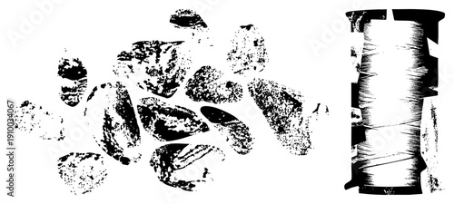 Rough textured coffee beans and spool of thread, halftone vector art, isolated graphic elements, gritty aesthetic, textile and beverage.