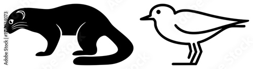 Stylized ferret and bird in minimalist, animal, flat design, wildlife graphics, isolated vector art, animal cutout, rgba background.