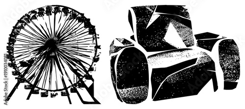 Black and white vector illustration of a classic Ferris wheel and fragmented armchair, halftone texture, graphic design elements, isolated foreground, modern art style.