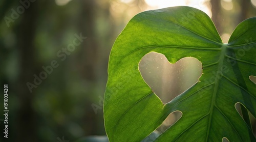 A vibrant green tropical leaf with a naturally formed heart-shaped hole is beautifully backlit by golden sunlight, illuminating dust particles against blurred foliage, symbolizing love for nature.