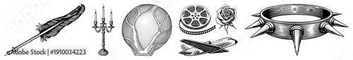 Classic illustrations of writing tool, candle holder, cinema film, bloom, aircraft, and punk accessory, rendered in detailed art with halftone shading.