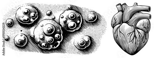 Medical diagram showing human heart anatomy with vessels and muscle texture, alongside cellular organelles like nuclei and vesicles, rendered in halftone engraving style.