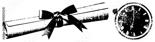 Rolled parchment diploma tied with ribbon bow, antique pocket watch with Roman numerals, graduation achievement, academic recognition, historical document.