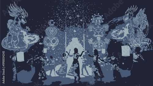 Magical Celebration Scene with Mythical Creatures