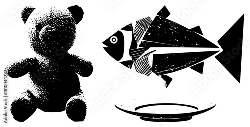 Black and white vector illustration of a plush teddy bear and geometric fish, halftone texture, graphic design, isolated foreground elements.