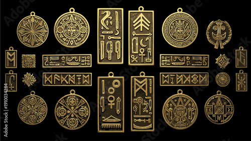 Assortment of Golden Ancient Symbols and Pendants