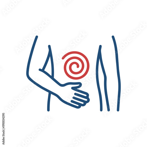 Abdominal Pain Stomach Ache Medical Icon Line icon showing abdominal pain with red spiral in stomach area