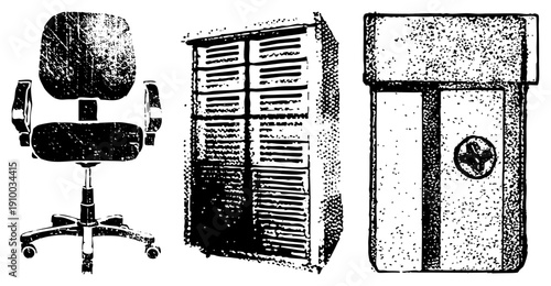 Office swivel chair, server rack, medical cabinet with symbol, halftone vector illustrations, office and healthcare equipment.