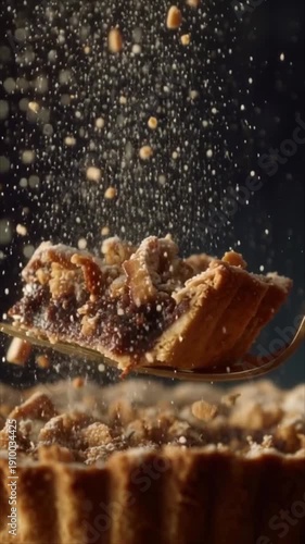A slice of pie being lifted from a crumbly pastry crust surrounded by sprinkling crumbs
