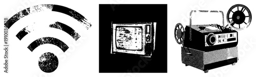 Retro digital symbol, old with static, film projector with reels, all rendered in gritty halftone. Tech nostalgia, analog, vintage electronics.