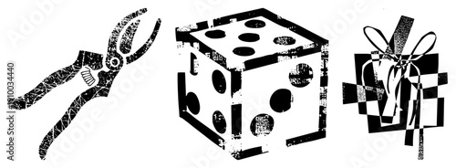 Black and white vector of pruning shears, die, and wrapped present, distressed texture, isolated graphic elements, stylized symbols.