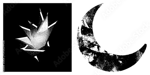 Abstract starburst and moon rendered in halftone dot style, vector art, graphic design elements, isolated symbols, stylized celestial motifs.