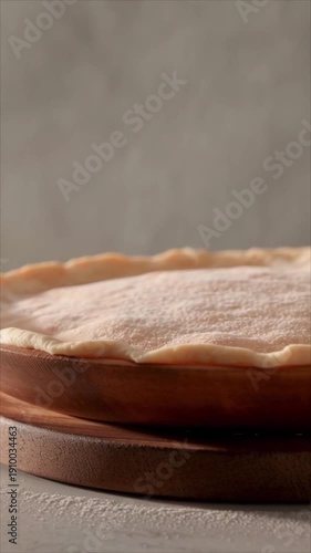 A delicious homemade pie on a wooden plate and surface, captured in a close-up shot