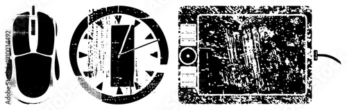 Retro tech devices rendered in halftone, gaming mouse, analog clock, digital tablet, pixelated textures, tech nostalgia, vector illustration.