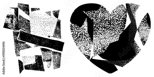 Fragmented vector forms with stippled textures, graphic art composition, modern minimalist design, abstract art, digital halftone.