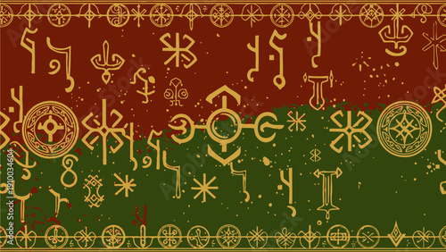 Ancient mystical symbols on red and green background