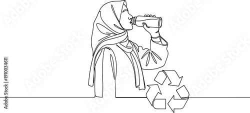 Continuous line drawing of a woman in a hijab drinking from a reusable bottle with a recycling symbol