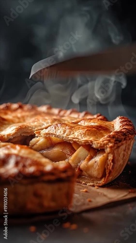 A steaming hot apple pie being lifted from a wooden board with a spatula, capturing the warmth and aroma.