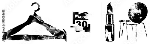 Graphic of clothing hanger, August 30 date stamp, lipstick tube, and chair with distressed texture, vector design, flat style, isolated elements.