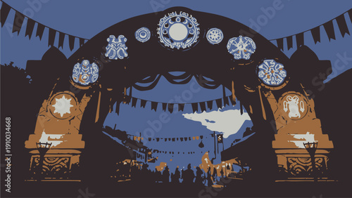 Festive Outdoor Stage with Snowflakes at Night