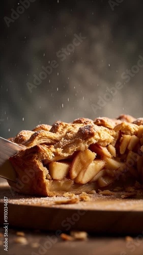 A slice of apple pie being served on a wooden board with crumbs falling around it