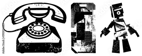 Classic rotary telephone, stylized urban, blocky robot figure, vector art, retro futuristic design, tech nostalgia, digital illustration.