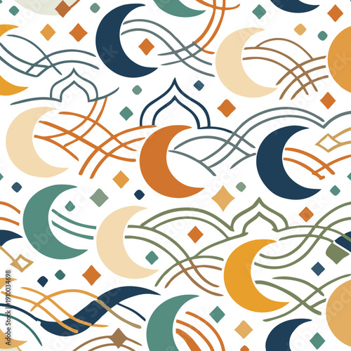 Cute cartoon vector illustration of a seamless nature pattern featuring summer birds in the sky and stylized sea fishes with ocean waves in a creative animal art design