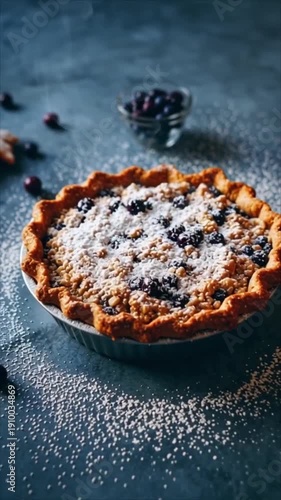 A delicious blueberry pie sprinkled with powdered sugar on a dark blue surface