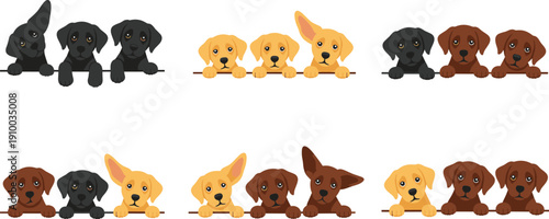 Labrador Retriever Puppy Lying Down Vector Collection with Black Yellow and Chocolate Dogs in Cute Cartoon Style Isolated on White Background