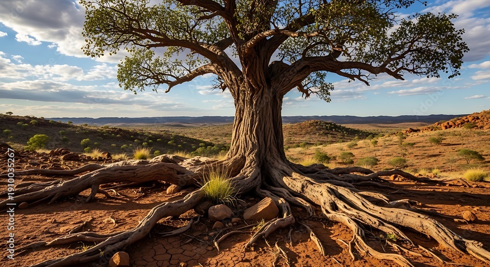 Fototapeta premium Ancient tree with exposed roots on a hillside under a sunny sky