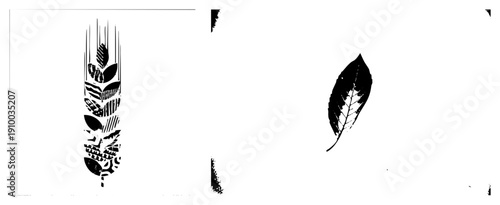 Abstract vector wheat stalk with segments, geometric leaf motifs, isolated leaf silhouette, halftone texture, flat design, agricultural, graphic element.