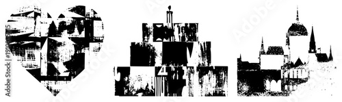 Stylized halftone vector graphics of a heart,, and with fragmented textures, design, graphic art, digital illustration, urban architecture motifs.