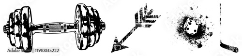 Black and white vector of gym equipment, directional arrow, game die, and hockey stick, isolated on transparent background, stylized for fitness, gaming, or sports apps.