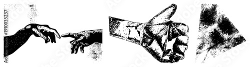 Stylized hands reaching, clasping, or gesturing, rendered in halftone dot, artistic vector graphic, isolated foreground elements.