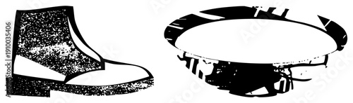 Classic ankle boot and circular table rendered in bold black with gritty halftone shading, isolated vector graphics for design use.