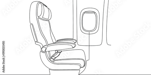 Continuous line drawing of an airplane seat next to a cabin window for travel comfort and airline branding