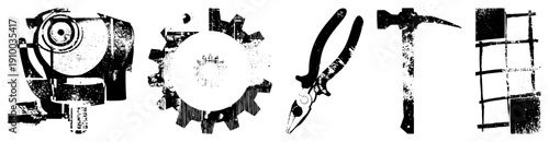 Set of mechanical tools including gear, pliers, hammer, and grid, rendered in gritty halftone vector style, ideal for engineering or workshop themes.