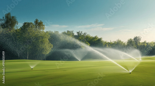Automatic Sprinklers Watering Lush Green Golf Course Fairway on Sunny Day created with Generative AI Technology, ai, generative 
