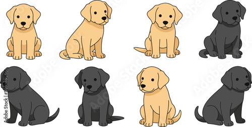Labrador Retriever Puppy Vector Set with Yellow and Black Dogs in Sitting and Side View Poses Isolated on White Background