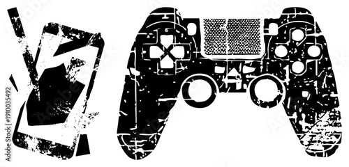 Worn out mobile phone and gaming controller with gritty texture, digital gadgets, retro tech, gaming, broken screen, controller pad, vector art.
